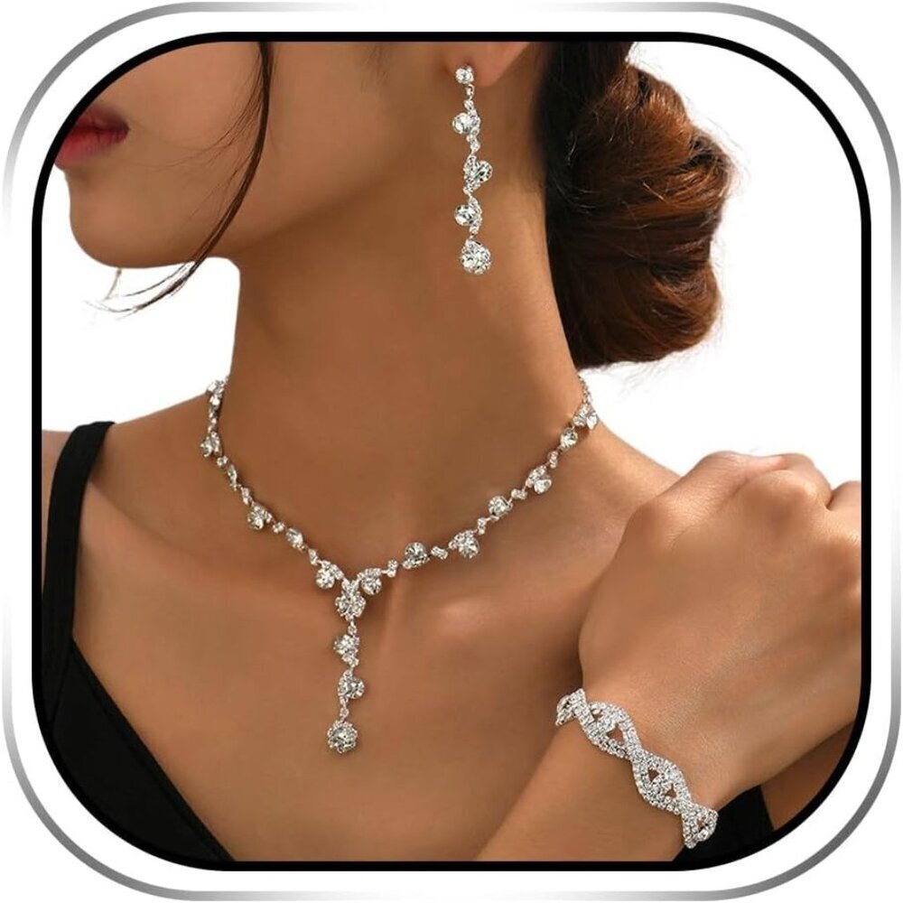 Silver Rhinestone Earrings Necklace Bracelet Set Jewelry for Women Party